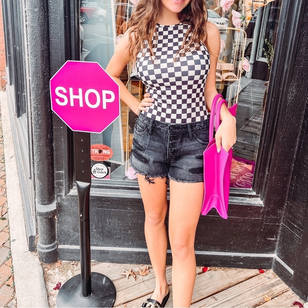 Keyhole Back Checkered Bodysuit